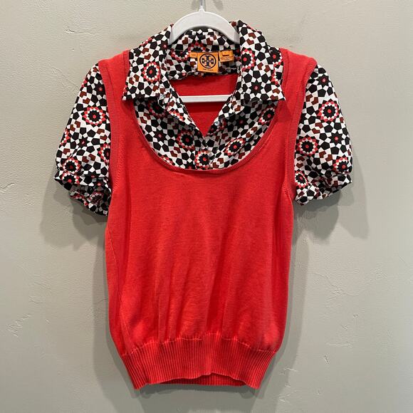 Tory Burch Geometric Print Puff Sleeve Blouse in Red - Size: Large - Picture 1 of 11